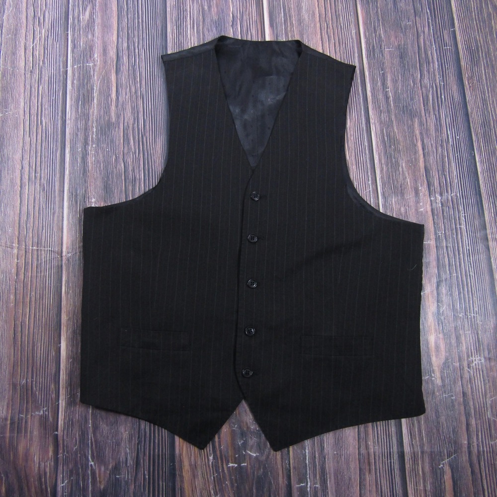 Suit Vest Mens L Black Striped 3 Piece Belted Formal Waistcoat Wedding Business